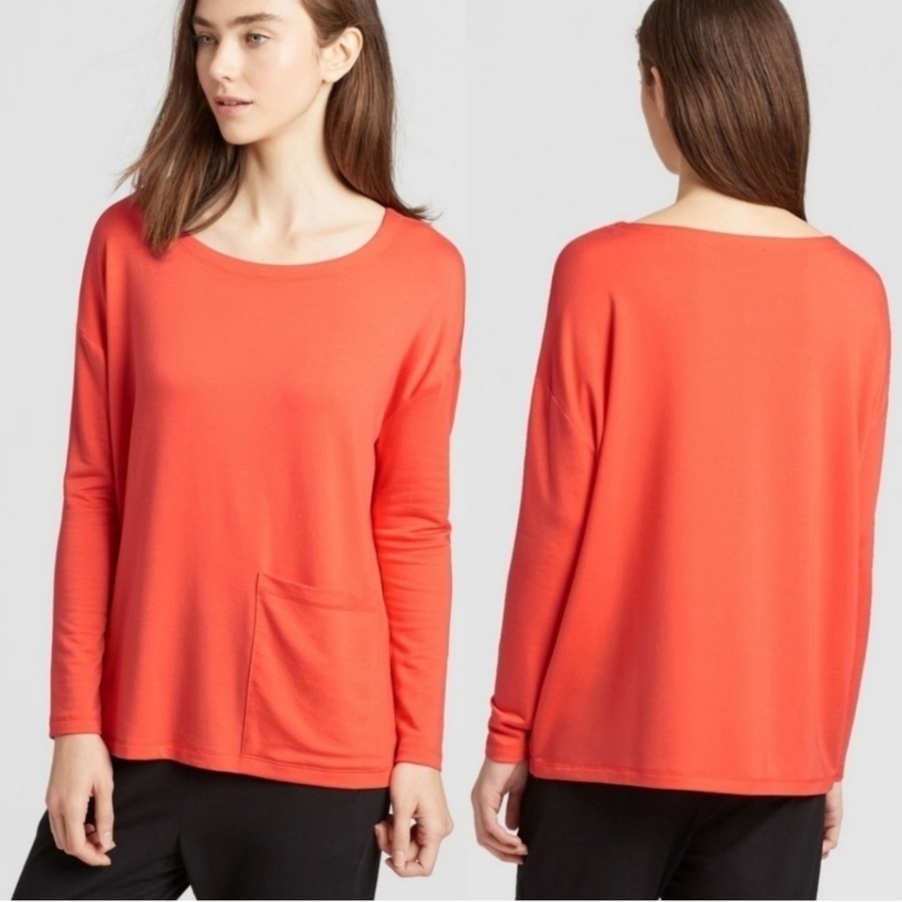 Eileen Fisher Coral Orange Tencel Lyocell Pocket Top Long Sleeve S/P R18TTU